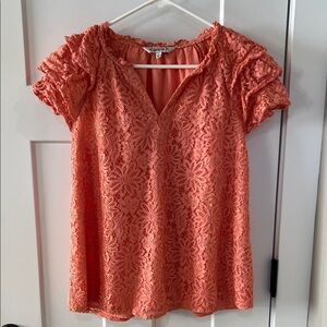 Nanette Lepore Lace Blouse Medium Coral Short Sleeve Feminine Top